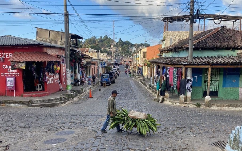 Ein Mann schiebt eine Schubkarre voller großer grüner Blätter über eine gepflasterte Straße, gesäumt von farbenfrohen Geschäften und oberirdischen Stromleitungen.