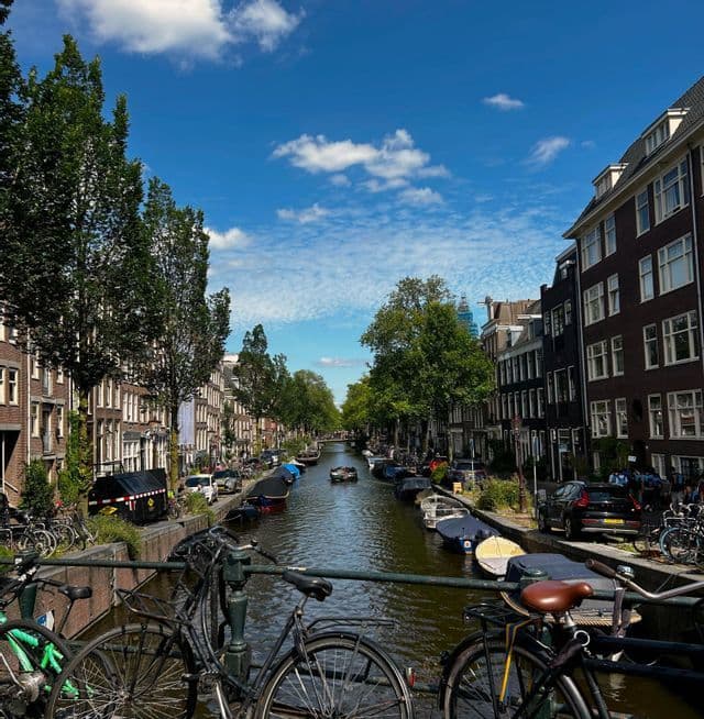 Vélos garés sur un pont surplombant un canal de ville bordé de hauts immeubles, d'arbres et de bateaux sous un ciel bleu.