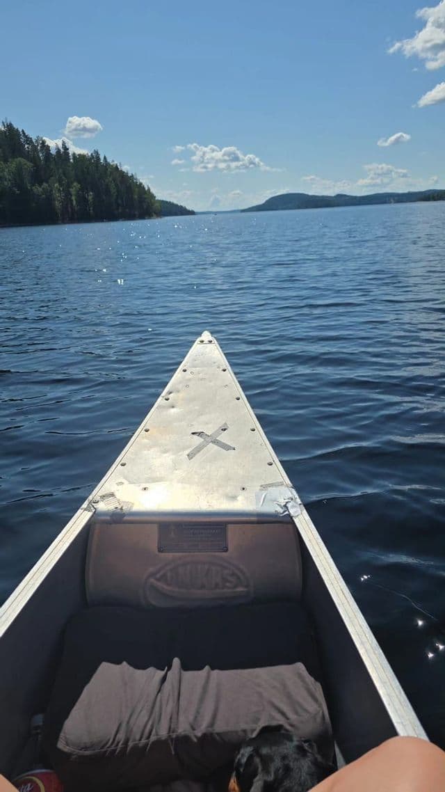 Ich-Perspektive vom Bug eines Kanus, das über einen ruhigen, sonnigen See auf ein fernes, bewaldetes Ufer gleitet.