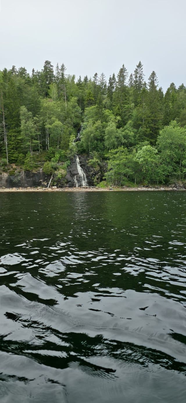 Ein Blick vom Wasser zeigt einen kleinen Wasserfall, der eine felsige, bewaldete Klippe hinab in einen dunklen See stürzt.