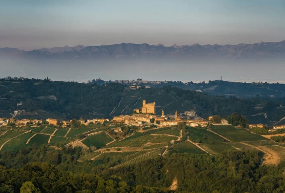 Una vista aerea di un borgo con un castello in cima a una collina, circondato da verdi vigneti e con una catena montuosa sullo sfondo.