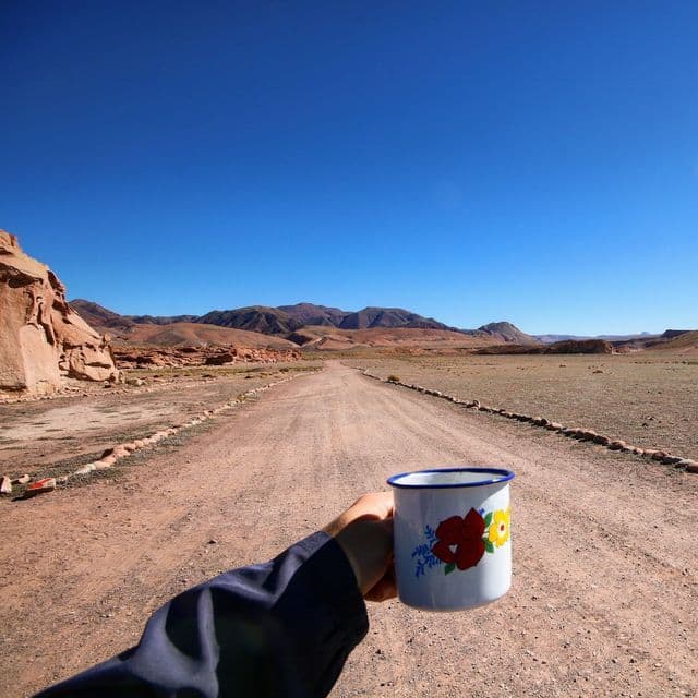 Una mano stringe una tazza di smalto bianco con motivo floreale, su una strada sterrata in un vasto paesaggio arido con montagne sotto un cielo azzurro e limpido.