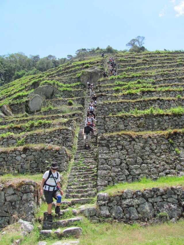 A WeRoad group trip hiking up a steep stone staircase built into grassy terraces on a mountainside.