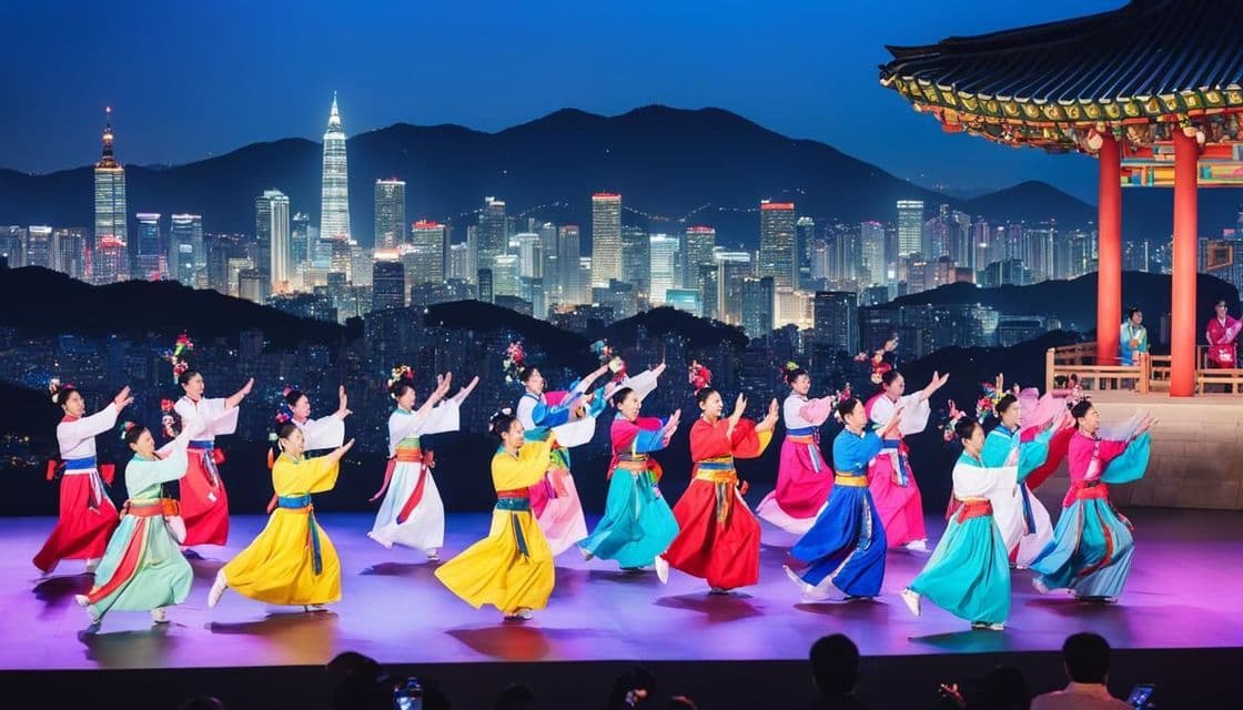 Un gruppo di donne in abiti tradizionali colorati esegue una danza sincronizzata su un palco di notte, con uno skyline moderno come sfondo.