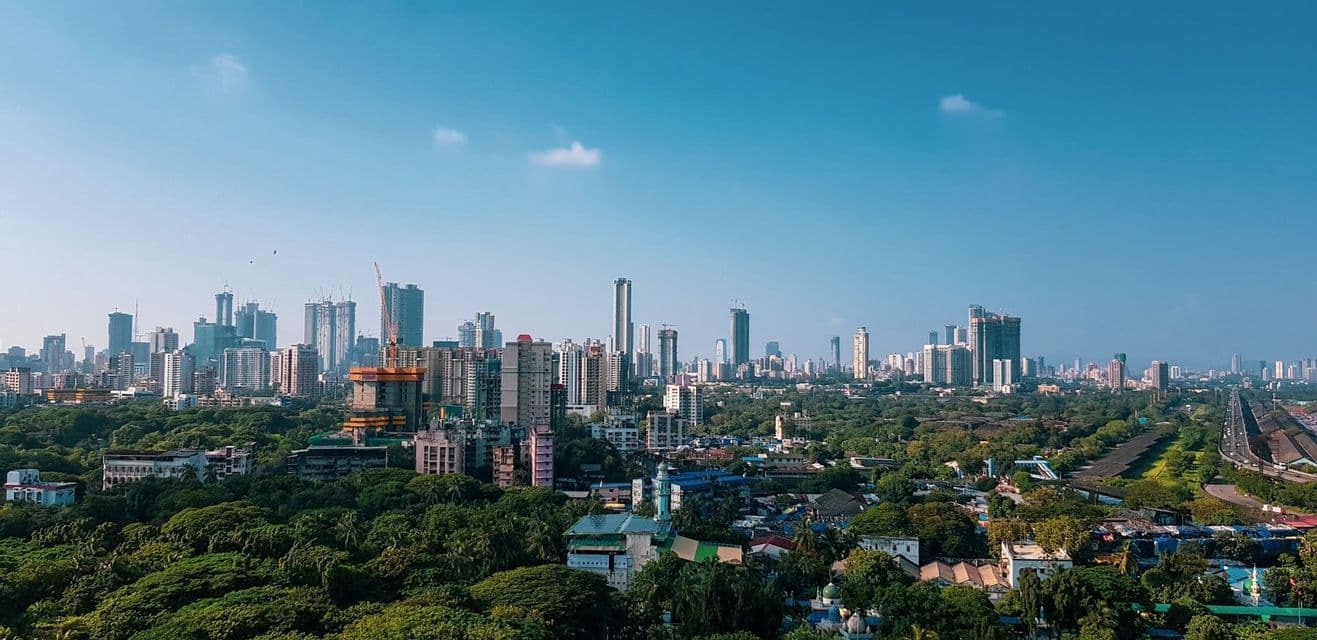 Una vista panoramica dello skyline di una città moderna con grattacieli che si ergono sopra una fitta foresta verde sotto un cielo azzurro limpido.