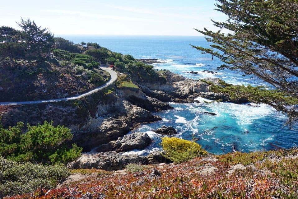 Une route sinueuse longe un littoral accidenté, avec des rivages rocheux, une eau turquoise et des arbres verdoyants sous un ciel clair.