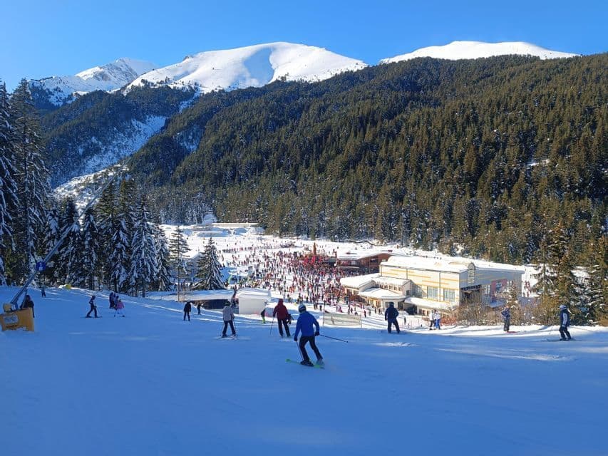 Ein weiter Blick auf ein belebtes Skigebiet, mit Skifahrern auf einer verschneiten Piste im Vordergrund und einer gut besuchten Hütte darunter, dahinter ein Kiefernwald und Berge.