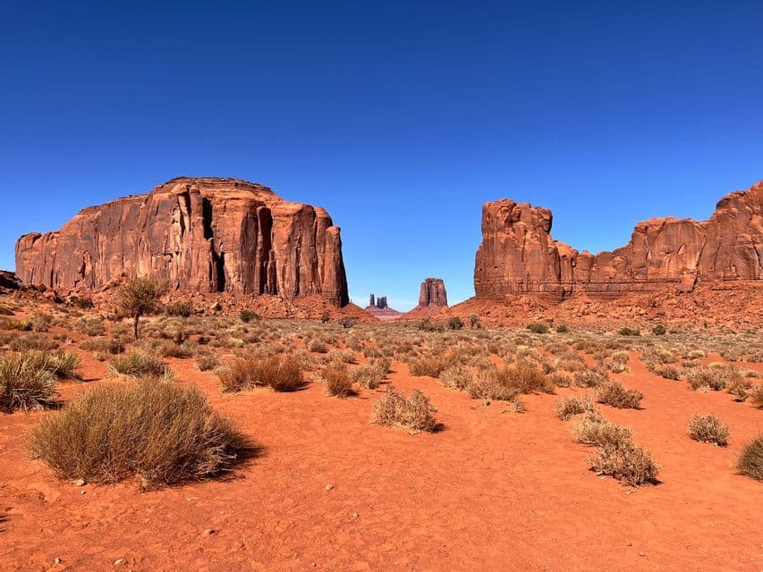 Promontori e tavolati di roccia rossa in un paesaggio desertico, con sabbia rossa e arbusti secchi, sotto un cielo azzurro e senza nuvole.