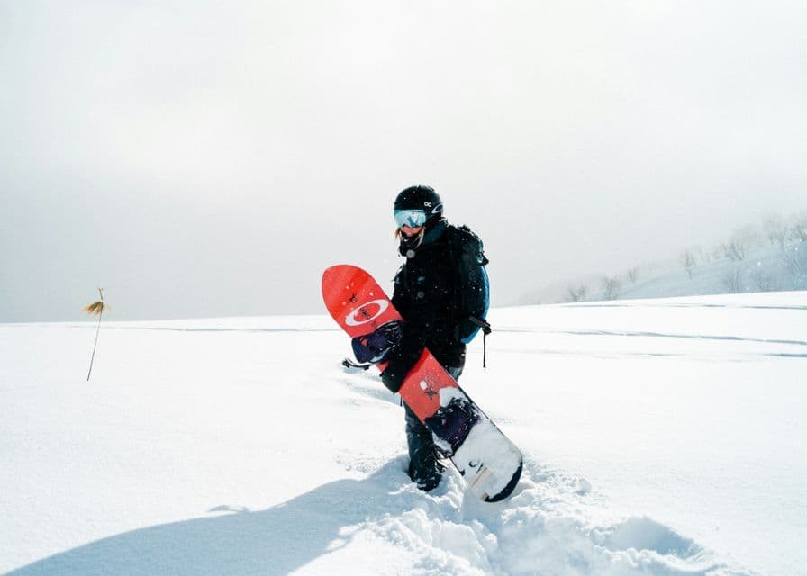 Una persona con casco e maschera cammina nella neve profonda, trasportando uno snowboard rosso in un vasto paesaggio bianco.