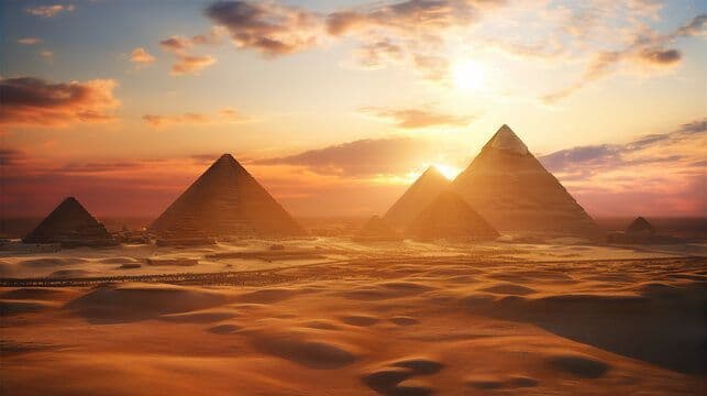 Plusieurs pyramides dans un paysage désertique avec des dunes de sable ondulantes sous un ciel de coucher de soleil éclatant.