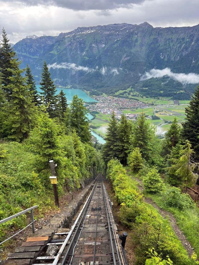 Une vue depuis un funiculaire descendant une montagne escarpée et boisée vers une vallée avec une ville et un lac turquoise.