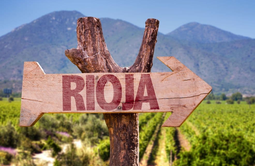 Una flecha de madera con 'Rioja' escrita apunta a la derecha, con un viñedo y montañas de fondo.