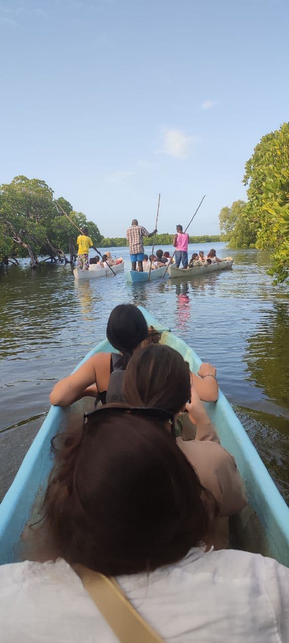 Un viaggio di gruppo WeRoad attraversa in diverse canoe uno stretto corso d'acqua costeggiato da mangrovie.