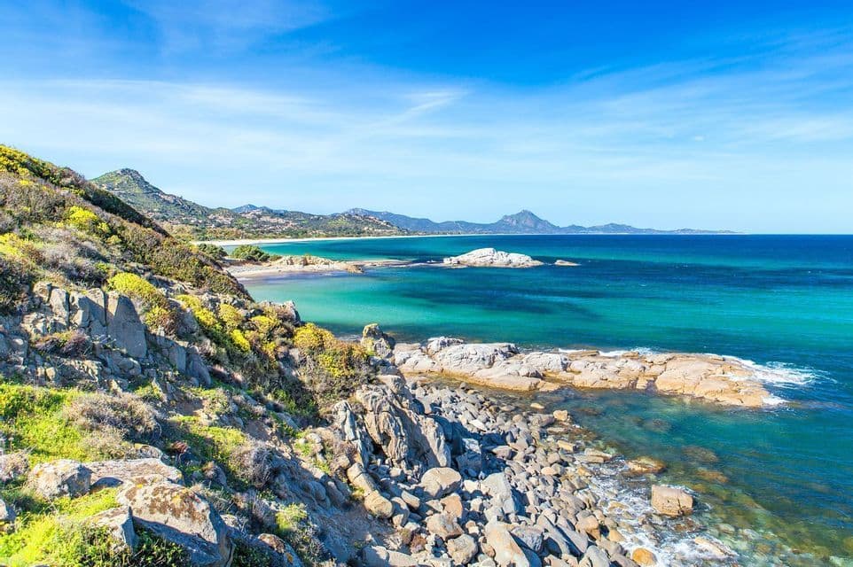Una costa rocosa con vegetación verde y amarilla que da a un mar turquesa, con una playa de arena y montañas visibles a lo lejos.