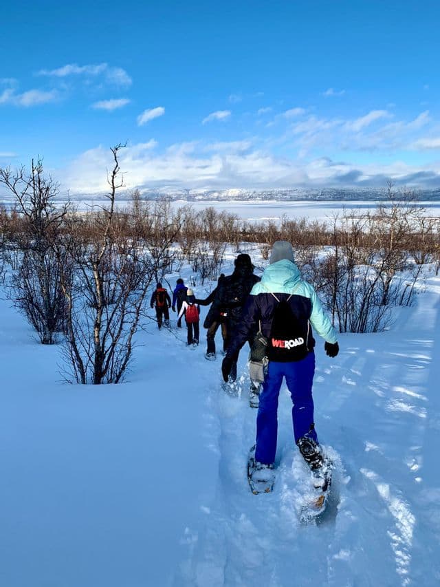 Eine WeRoad-Gruppe wandert im Gänsemarsch mit Schneeschuhen durch eine verschneite Landschaft mit kahlen Bäumen, auf einen zugefrorenen See und Berge zu.