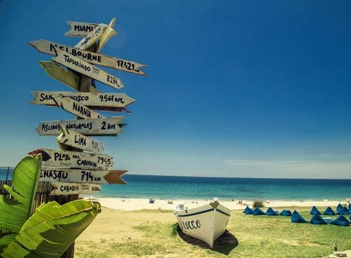 Un letrero de madera con flechas direccionales apuntando a ciudades del mundo, situado en una zona de césped junto a una playa de arena y el océano.