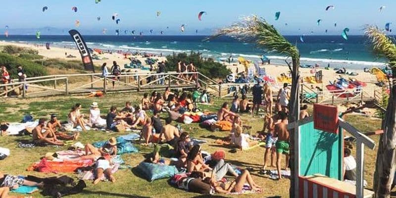 Un gran grupo de personas tomando el sol en una zona de césped, con una playa abarrotada y muchos kitesurfistas al fondo.