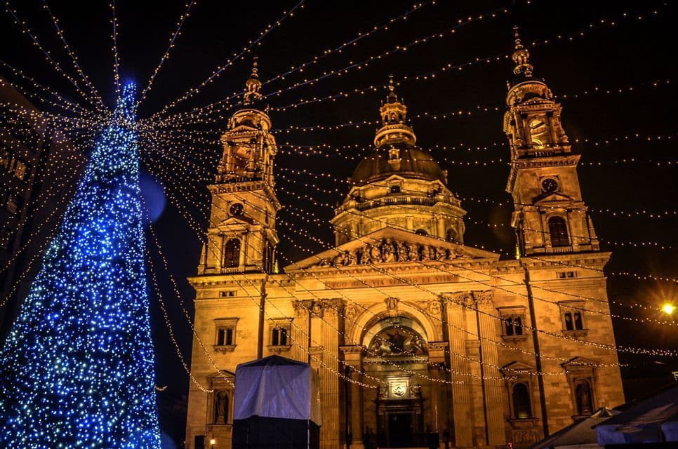 A grand cathedral at night, lit by warm lights, next to a large Christmas tree covered in blue fairy lights.