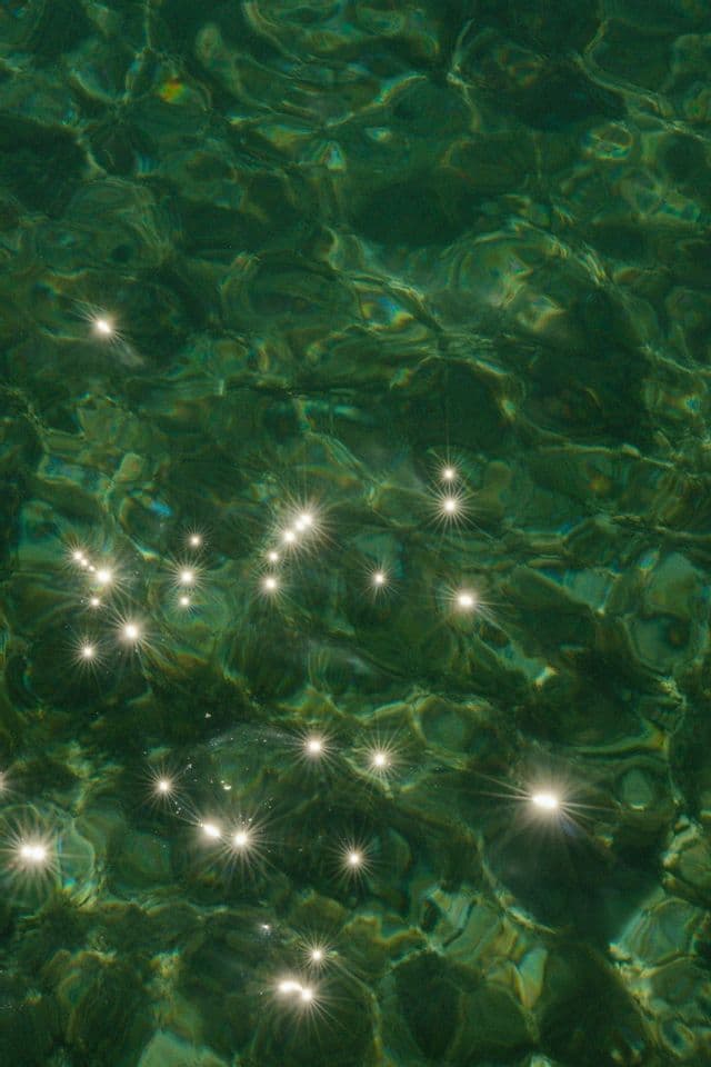 Primer plano de una superficie de agua verde y ondulante con destellos brillantes del sol reflejado.