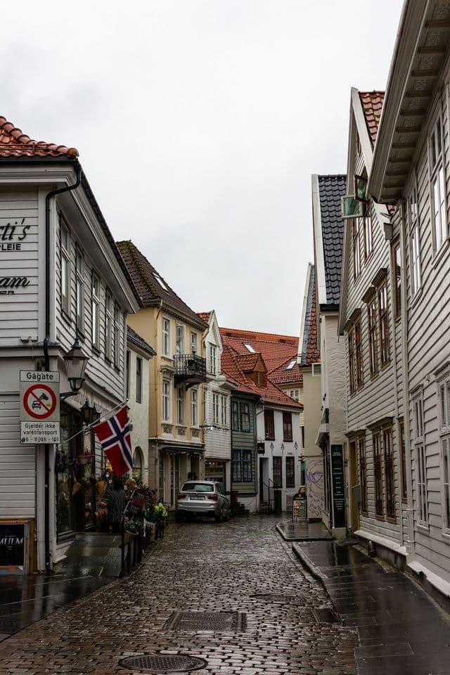 A narrow, wet cobblestone street winds between traditional wooden buildings, with a Norwegian flag on the left under a cloudy sky.