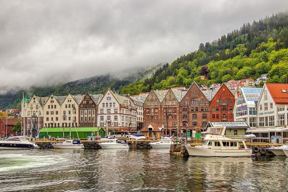 Colorful traditional buildings line a harbor with docked boats, with a green forested hill in the background under a cloudy sky.