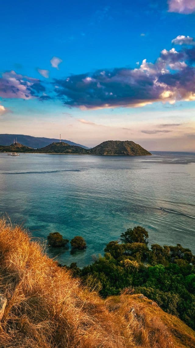 Una vista da una collina erbosa che domina una baia turchese con diverse isole verdi sotto un cielo nuvoloso e colorato al tramonto.