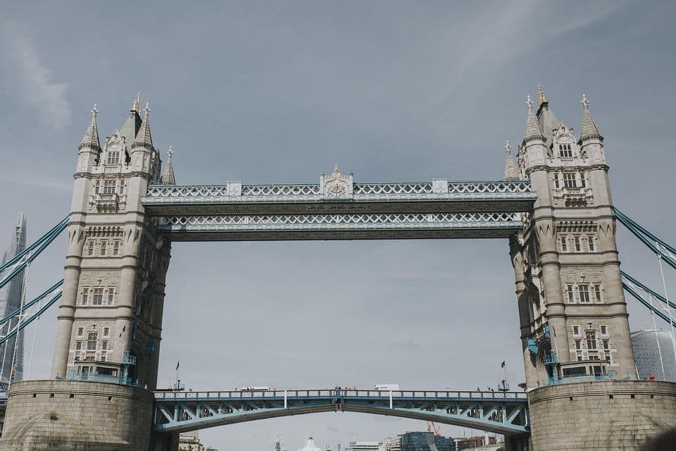 Ein symmetrischer Blick auf die Tower Bridge mit ihren zwei verzierten Steintürmen und oberen Gehwegen vor einem hellblauen Himmel.