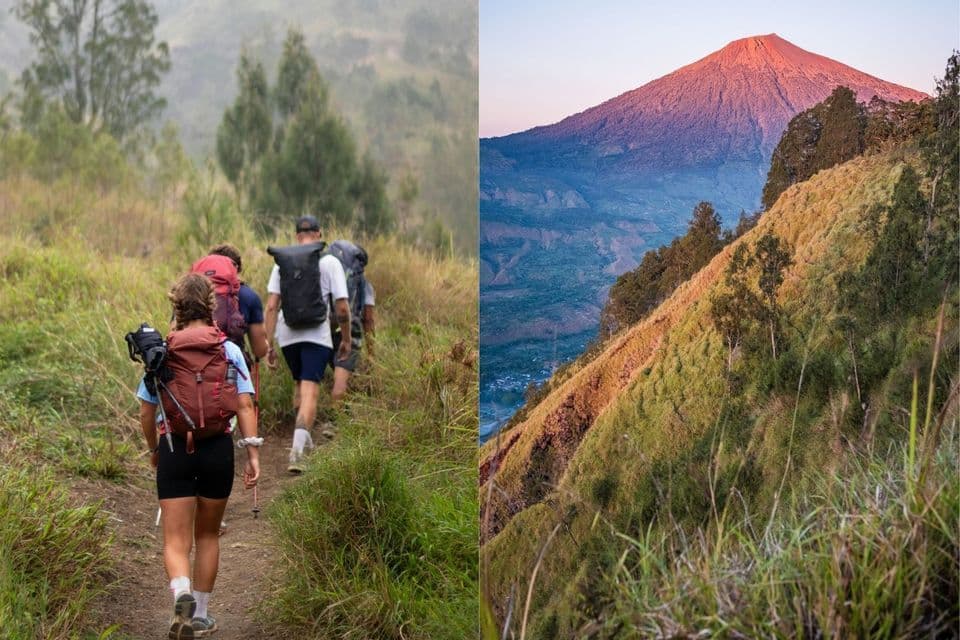 Ein Diptychon, das links eine WeRoad-Gruppe beim Wandern auf einem Bergpfad und rechts einen Vulkangipfel bei Sonnenaufgang zeigt.