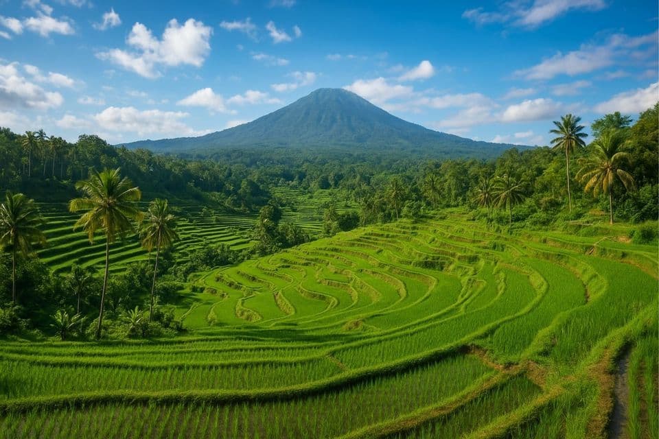 Üppig grüne Reisterrassen kaskadieren einen palmengesäumten Hügel hinab, im Hintergrund ein großer Berg unter blauem Himmel mit weißen Wolken.