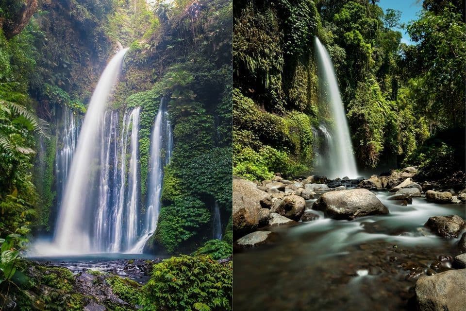 Ein Diptychon mit zwei Ansichten mächtiger Wasserfälle, die über moosbewachsene Klippen in felsige Bäche eines üppig grünen Dschungels stürzen.