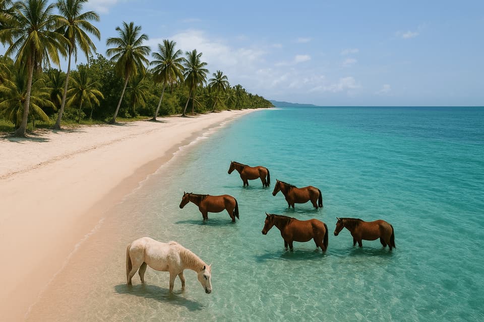 Eine Gruppe von sechs Pferden steht im flachen türkisfarbenen Wasser eines tropischen Strandes, gesäumt von Palmen.
