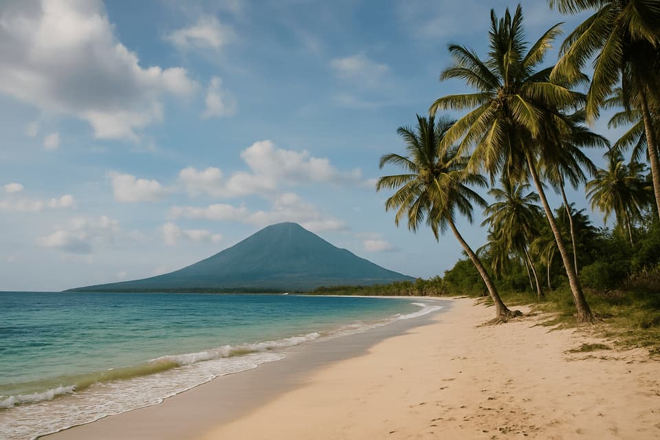 Ein Sandstrand mit Palmen schlängelt sich entlang türkisfarbenem Wasser, mit einem großen Vulkanberg im Hintergrund unter einem teilweise bewölkten Himmel.