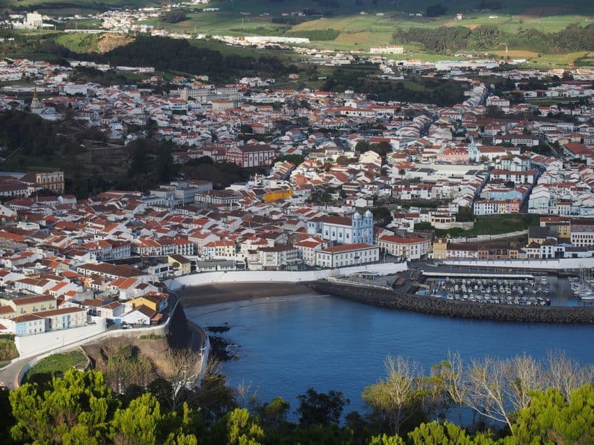 Una vista dall'alto di una cittadina costiera con edifici bianchi e tetti in terracotta che circondano una baia blu con un porto turistico.