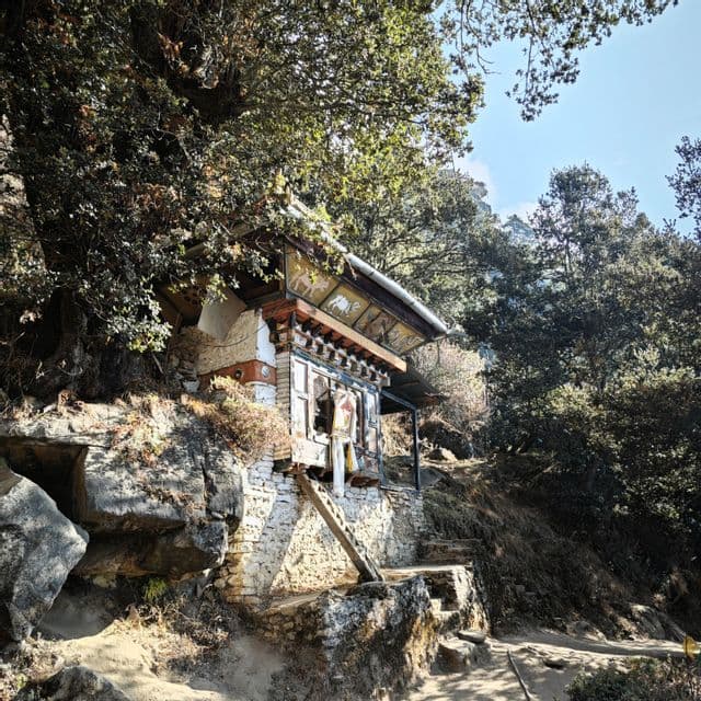 Ein kleines, traditionelles Gebäude aus Stein und Holz, eingebettet in einen felsigen Hang unter dichten Bäumen in einem Wald.