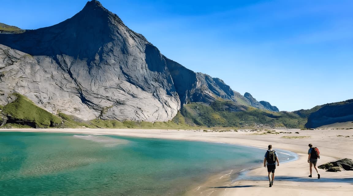 Due persone con zaini camminano lungo una spiaggia sabbiosa accanto a un'acqua turchese ai piedi di una grande montagna rocciosa.