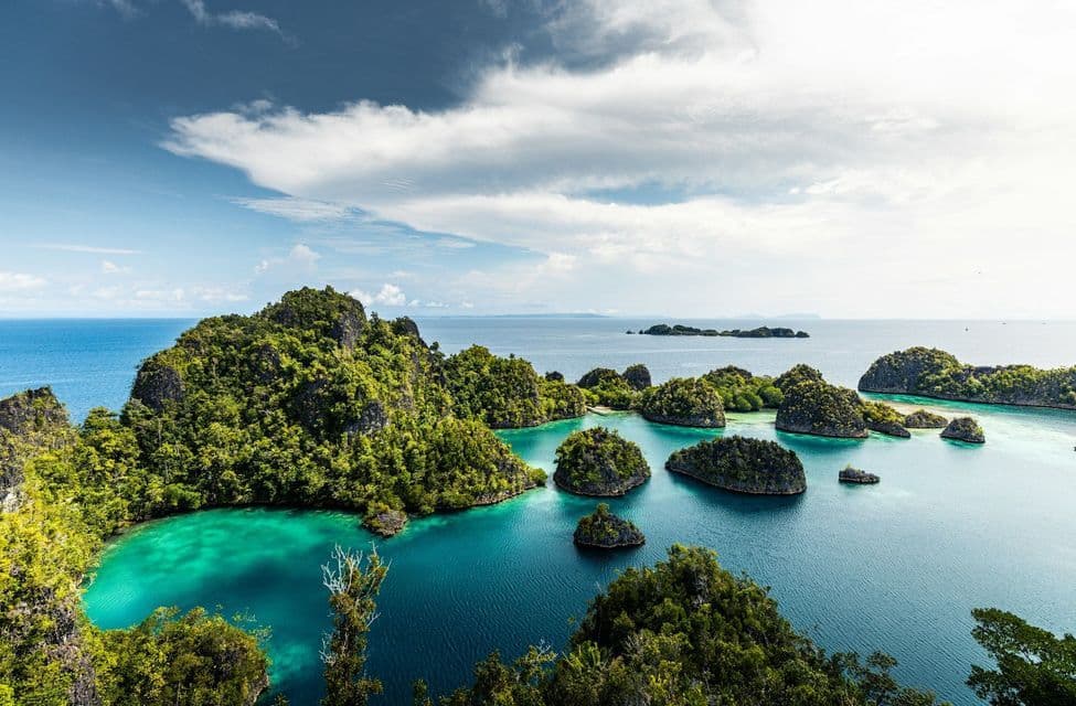 Una vista dall'alto di decine di piccole isole rocciose coperte da alberi verdi lussureggianti, sparse in un oceano turchese e blu profondo.