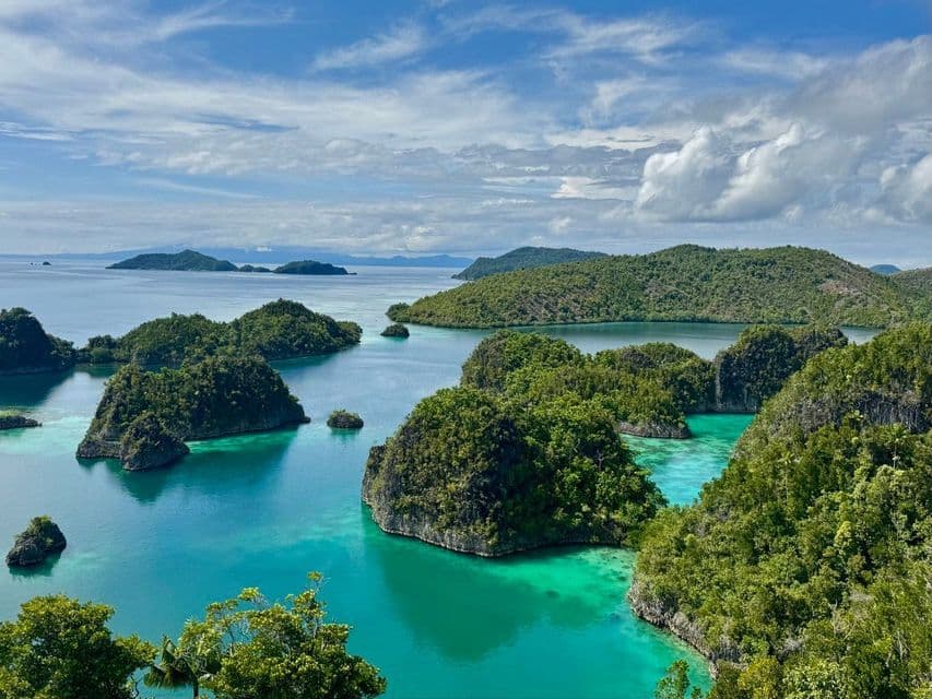 Una veduta dall'alto di numerose piccole isole alberate che punteggiano un mare turchese sotto un cielo blu con nuvole bianche.