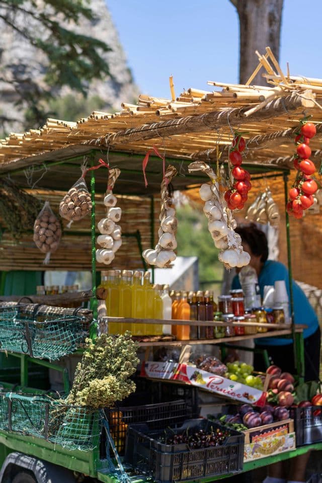 Un puesto de productos al aire libre con techo de paja exhibe ristras de ajo, tomates en rama, líquidos embotellados y cajas de fruta fresca.