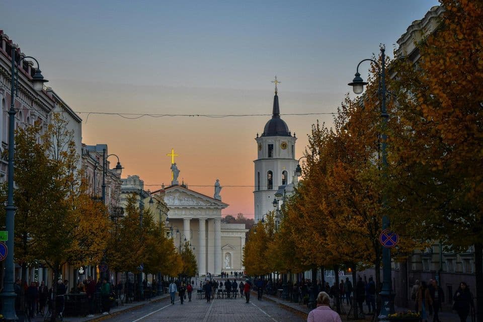 Un'ampia strada cittadina fiancheggiata da alberi autunnali porta a una grande cattedrale bianca e al campanile durante un tramonto colorato.