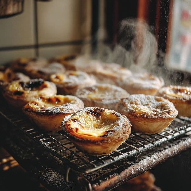 Pasteles de nata portugueses recién horneados, humeando sobre una rejilla y espolvoreados con azúcar glas.