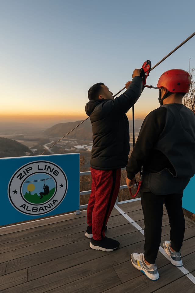 Un istruttore aiuta un uomo con un casco rosso a prepararsi per una zip line su una piattaforma di legno che si affaccia su una valle al tramonto.