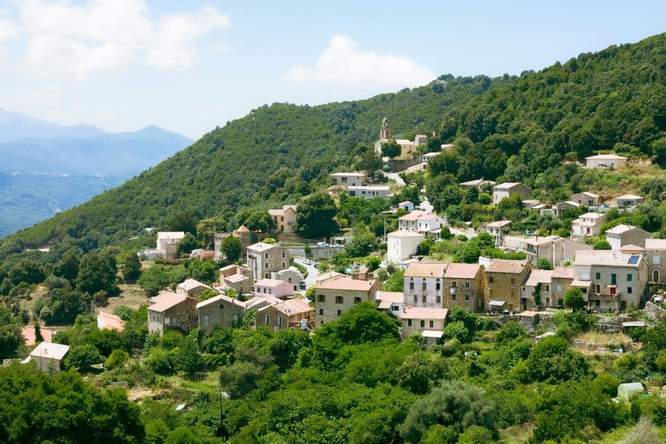 Un village à flanc de colline avec des maisons en pierre et des toits en terre cuite, niché parmi des arbres verts denses sur un versant de montagne sous un ciel bleu.