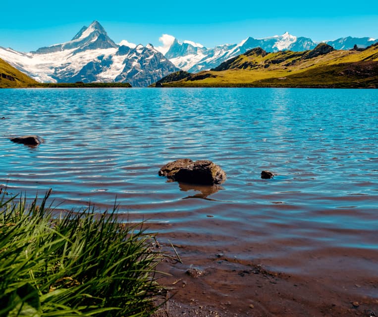 A low-angle view from a grassy shore of a clear alpine lake, with jagged, snow-capped mountains rising in the distance under a bright blue sky.