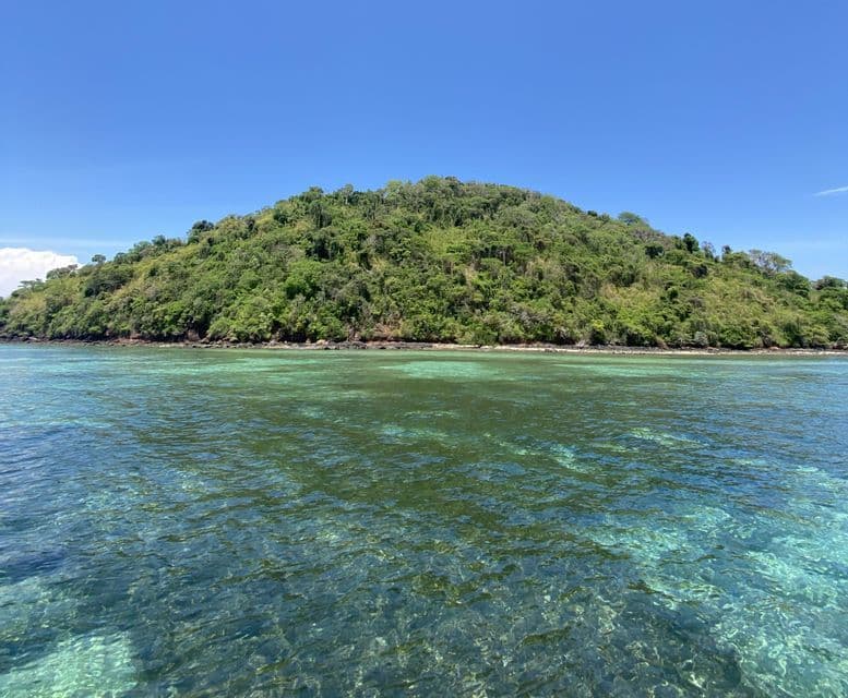 Un'isola lussureggiante e ricoperta di alberi emerge da acque turchesi limpide e poco profonde sotto un cielo azzurro senza nuvole.