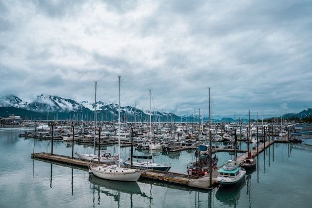 A harbor filled with docked boats and sailboats sits in front of snow-capped mountains under a cloudy sky.