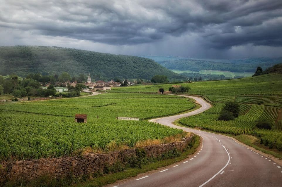 A winding country road curves through lush green vineyards towards a small village, with rolling hills under a dramatic stormy sky.