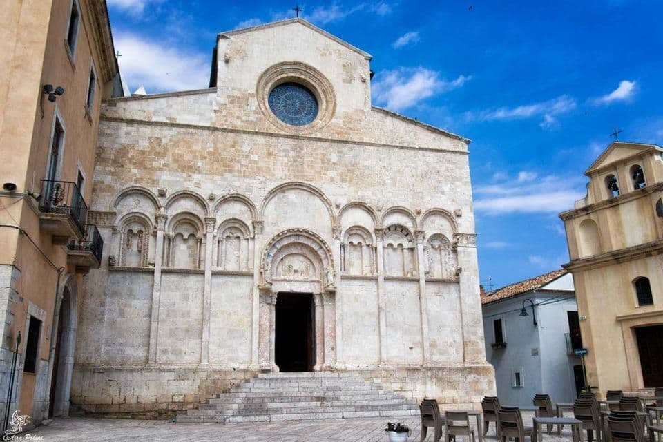 La facciata ornata di una cattedrale romanica in pietra con un grande rosone, vista da una piazza cittadina in una giornata di sole.