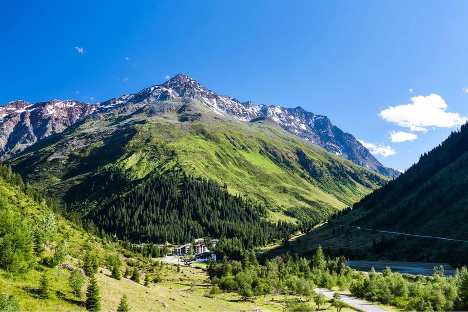 Ein grünes Bergtal mit Kiefernwäldern und einem kleinen Dorf, eingebettet unter einem schneebedeckten Gipfel unter strahlend blauem Himmel.