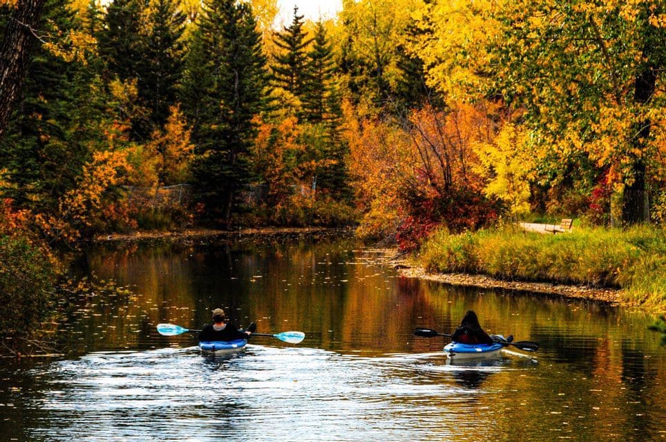 Due persone in kayak su un fiume circondato da un bosco con vivaci foglie autunnali gialle e arancioni.