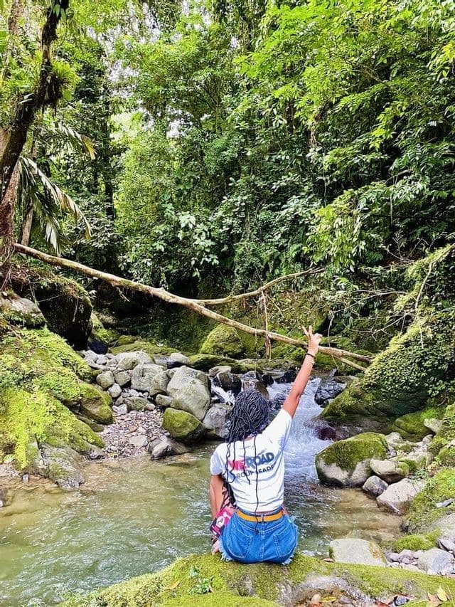 Eine Person mit Dreadlocks sitzt auf einem moosbewachsenen Felsen neben einem Bach in einem üppigen Dschungel und hebt einen Arm zum Friedenszeichen.